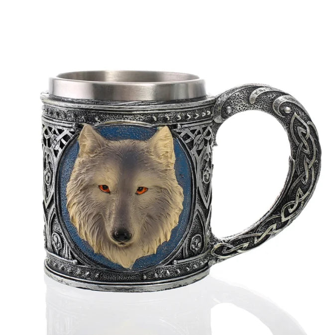 Custom Logo 450ml Creative Stainless Steel Coffee Mug Camping Bonfire 3d Wolf Head Tumblers
