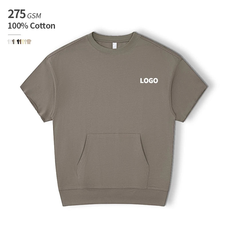 275 GSM 100% Cotton Ribbed Hem Cut Sleeve OEM Custom Logo Print on Demand T Shirt Man With Pocket