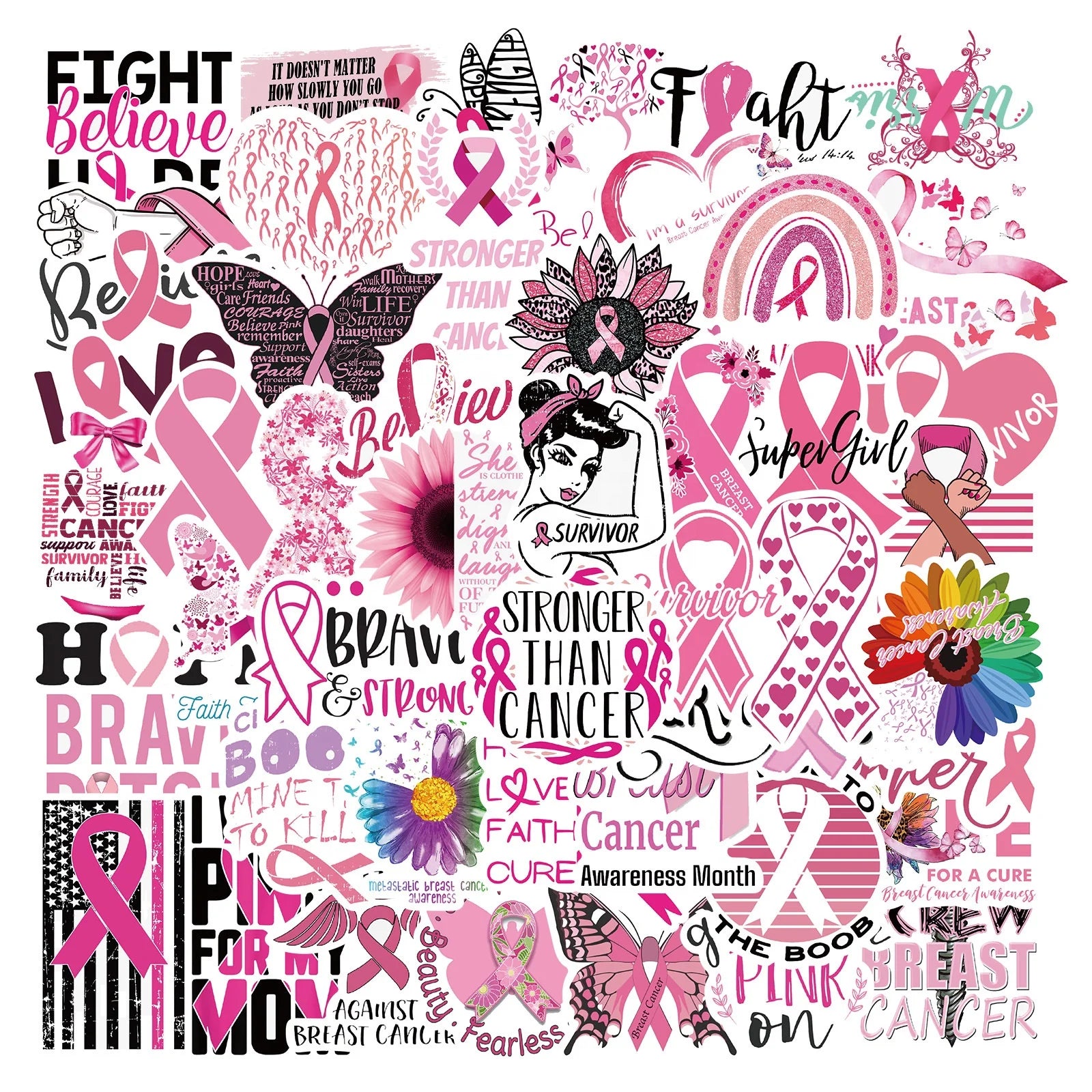 50Pcs Pink Women Fight Disease Survive Inspirational  Sticker For Girl Home Bottle Luggage Waterproof fight disease sticker