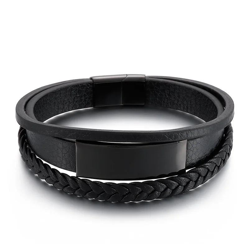KALEN 220mm Mens Vintage Cowhide Leather Bracelet With Stainless Steel Charm