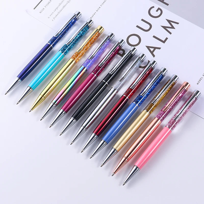 SHULI Cristal DIY Metal Ball Pens Dynamic Liquid Flower Pen Black Ink Pen Refills for Office Rose Gold Desk Supplies