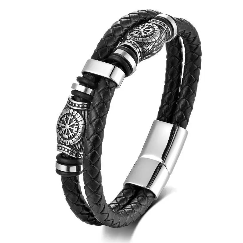Vintage Men's Handmade Woven Braided Stainless Steel Bracelet Dual-Layer Leather Fashion Bangles with Magnetic Closure