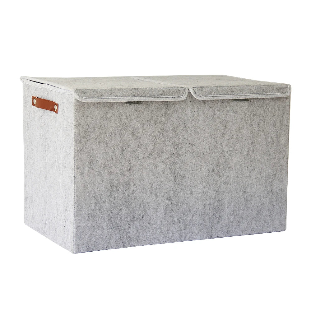 Factory Price Custom Folding Felt Storage Box Bag Soft Closet Leather Handle Double Lids Organizer Box Home Storage Bins