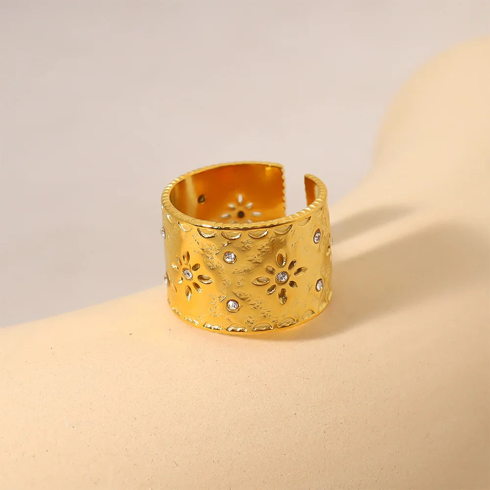 Nabest Waterproof Stainless Steel French Cubic Zircon Ring Jewelry Women 18k Gold Plated Width Open Rings