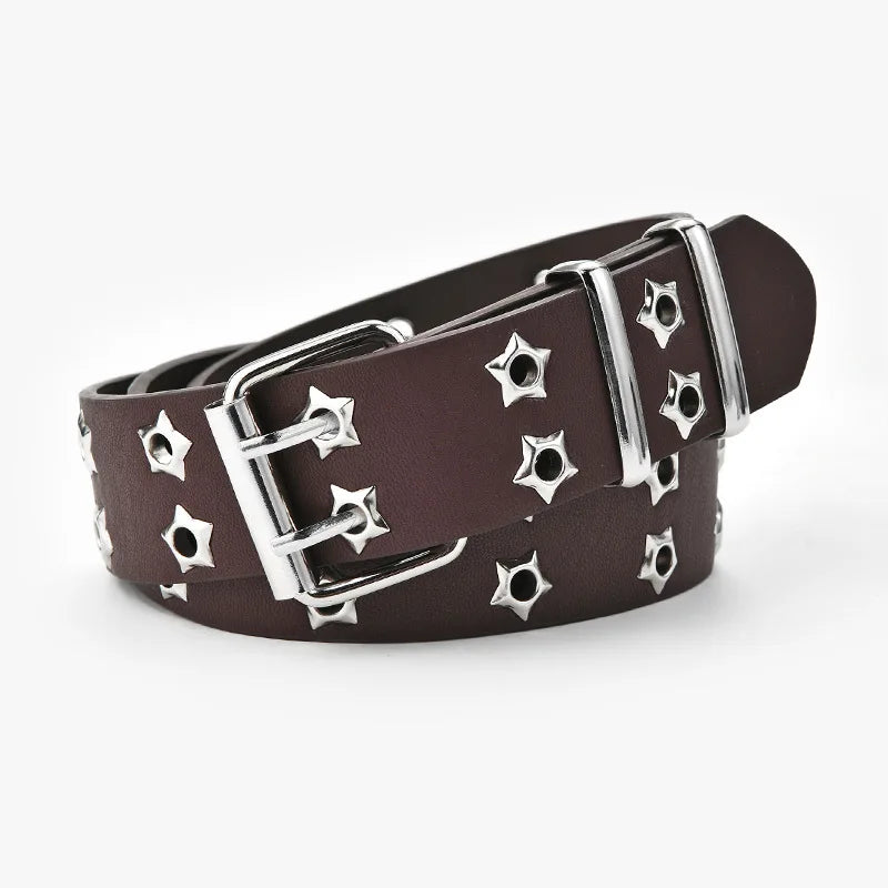2024 Korean Version Hollow Punk Casual Leather Alloy Belt Fashion Star Air Eye Decorated Double Row Durable 3.3cm 110cm Hip Hop