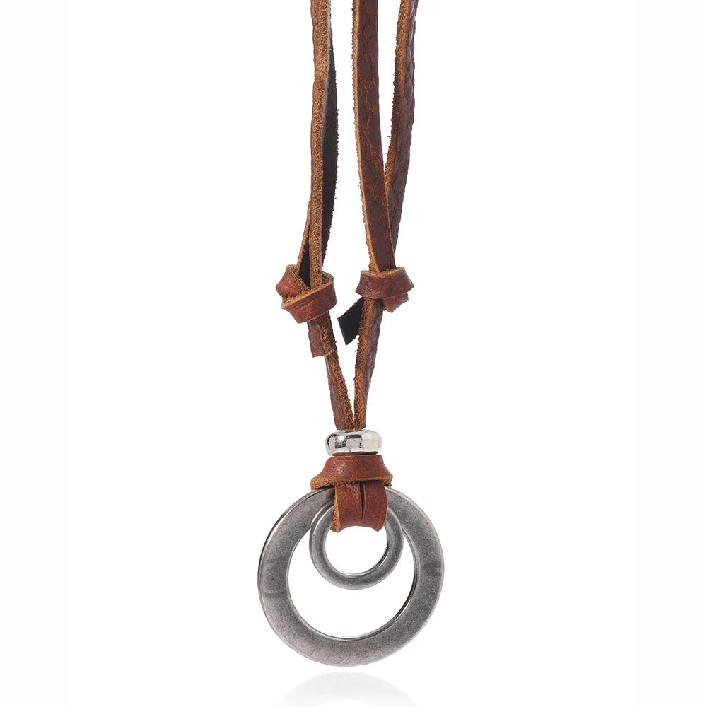 Vintage Men's Charm Metal Circle Pendant Necklace Genuine Leather Chain Necklace Gift