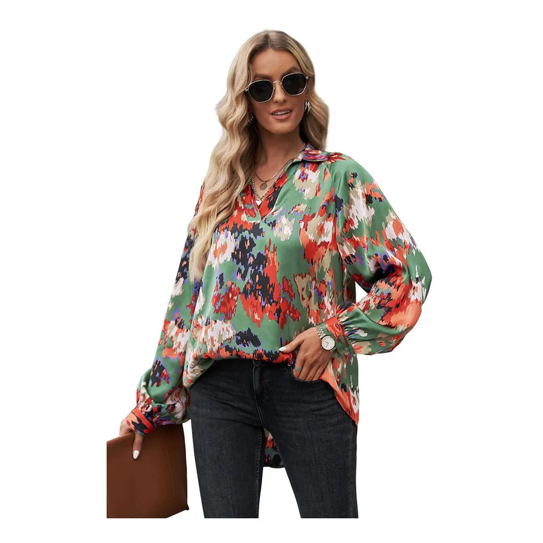 Women's Casual Floral Print Long Sleeve Blouse Tops Batwing Sleeve Lantern Design Spring Season Solid Pattern Twill Breathable