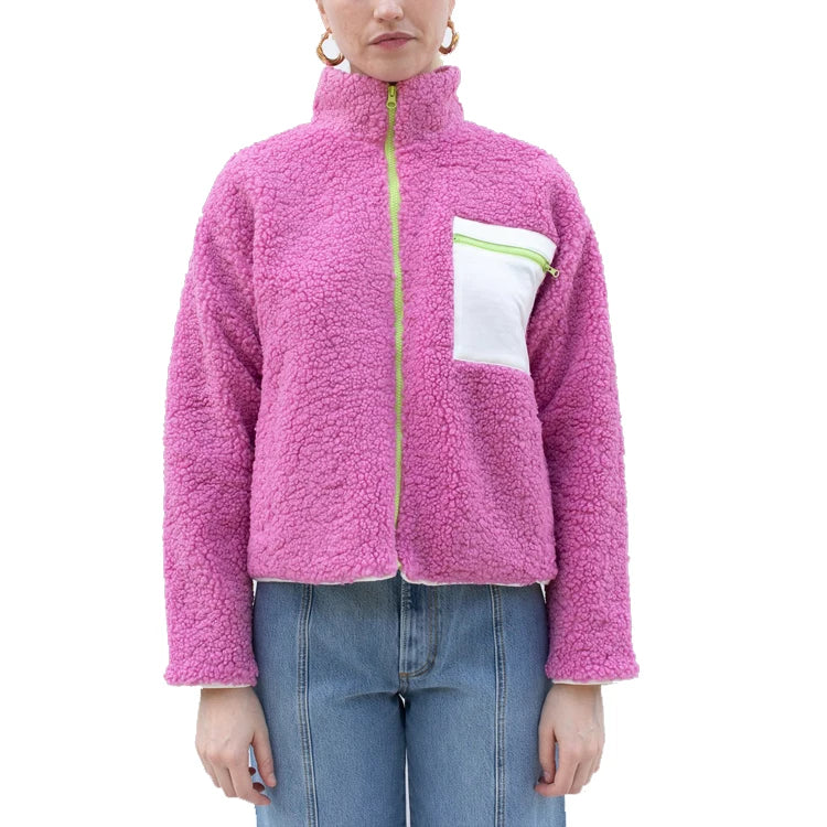 Customized Women's Solid Autumn Short Soft Sherpa Fleece Jackets with Oversize Patch Pocket Stand Collar Warm Comfortable
