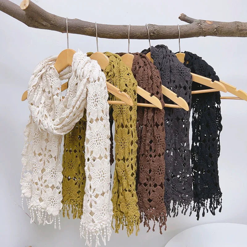 Spring and Autumn Neckwarm Scarf Soft Warm Lace Crochet Flower Long Knitted Thin Shawl Scarves