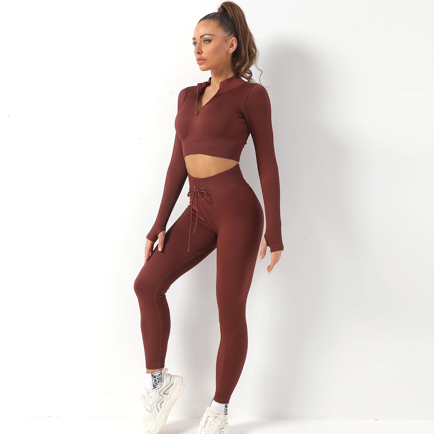 Wholesale Customer Logo Women Fitness Clothing Ribbed Seamless  Set Tight Gym Active Wear Solid Color 2 Piece Workout Yoga Set