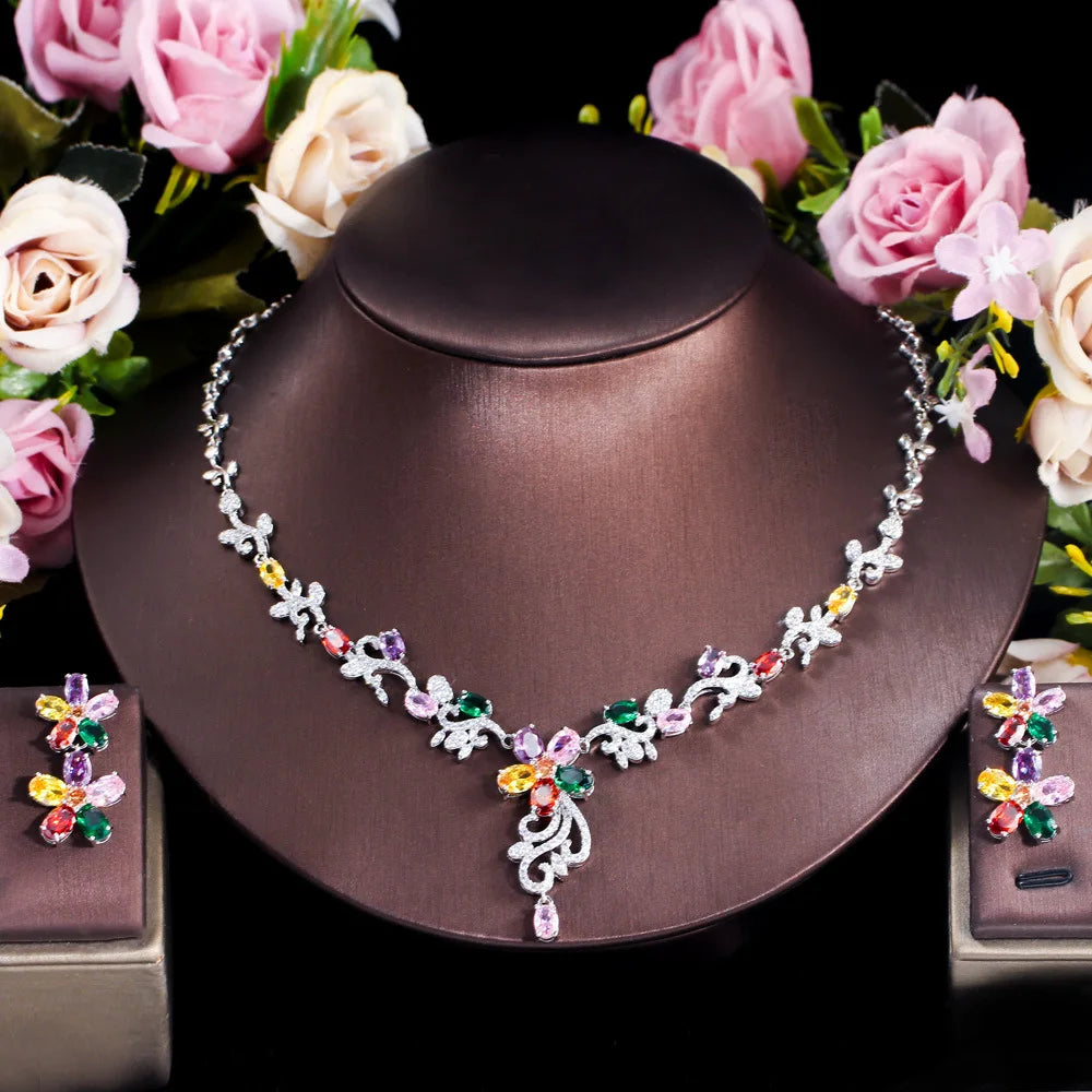 Customized Colorful Meteor Ladies Bohemian Silver Plated Luxury Necklace Earrings Set Wedding Party Engagement Anniversary Gift