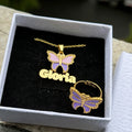 QIUHAN Personalized Enamel Name Charm Pendant Necklace Pink Butterfly Rings Custom Enamel Letter Set