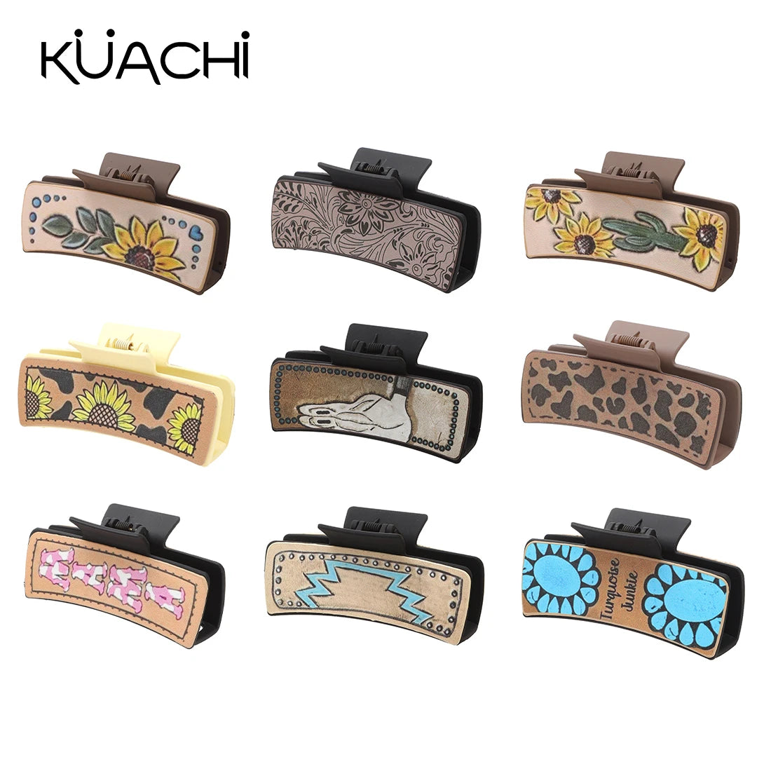 KUACHI Wholesale New Trend Leather Hair Claws Square Western Cowboy Style Custom Women Sublimation Hair Claw With Leather