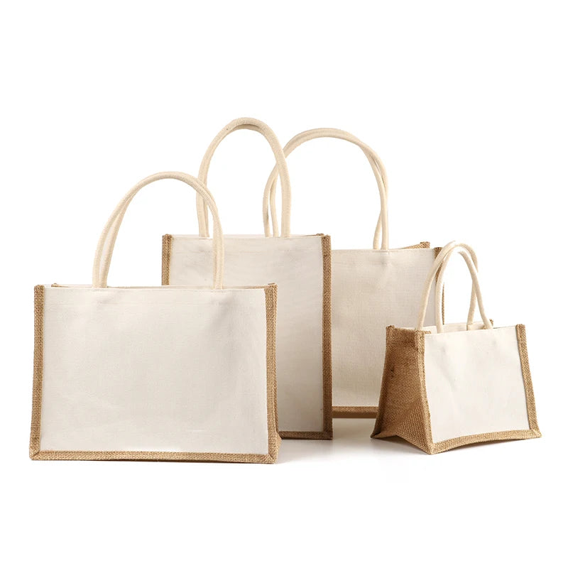 Rope Handles Wholesale Jute Shopping Bag Custom Printed Canvas Linen Tote Bag Eco Friendly Burlap Tote Bags