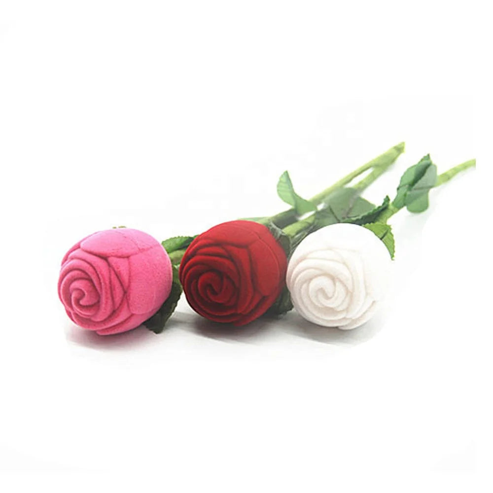 Rose Flocking Jewelry Box Romantic Rose Shape Wedding  Propose Engagement Velvet Rose Ring Small Boxes With Branch