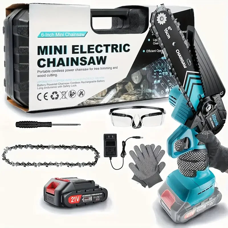Cordless Mini Chainsaw 6 Inch Electric Chain Saw With 2 Batteries & Charger Lightweight Chainsaws Powered