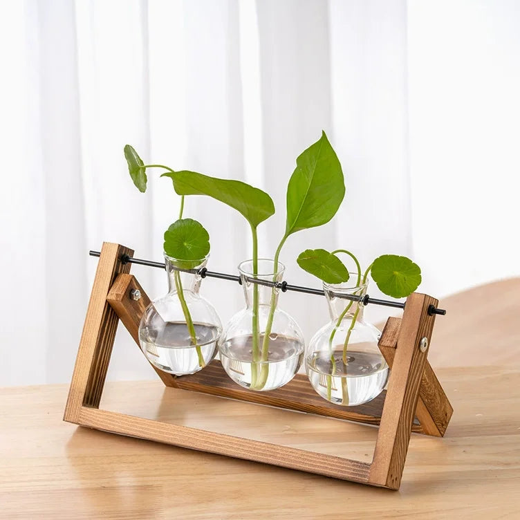 Handmade Wooden Modern Design Decoration Frame Office Desk Swing Hydroponic Green Plant Glass Vase Bottle Container Wedding