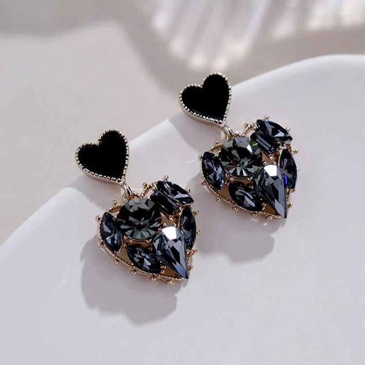 HOVANCI Koran Trendy Gold Plated Crystal Rhinestone Heart Earring Black Crystal Stereo Heart Pendant Earring