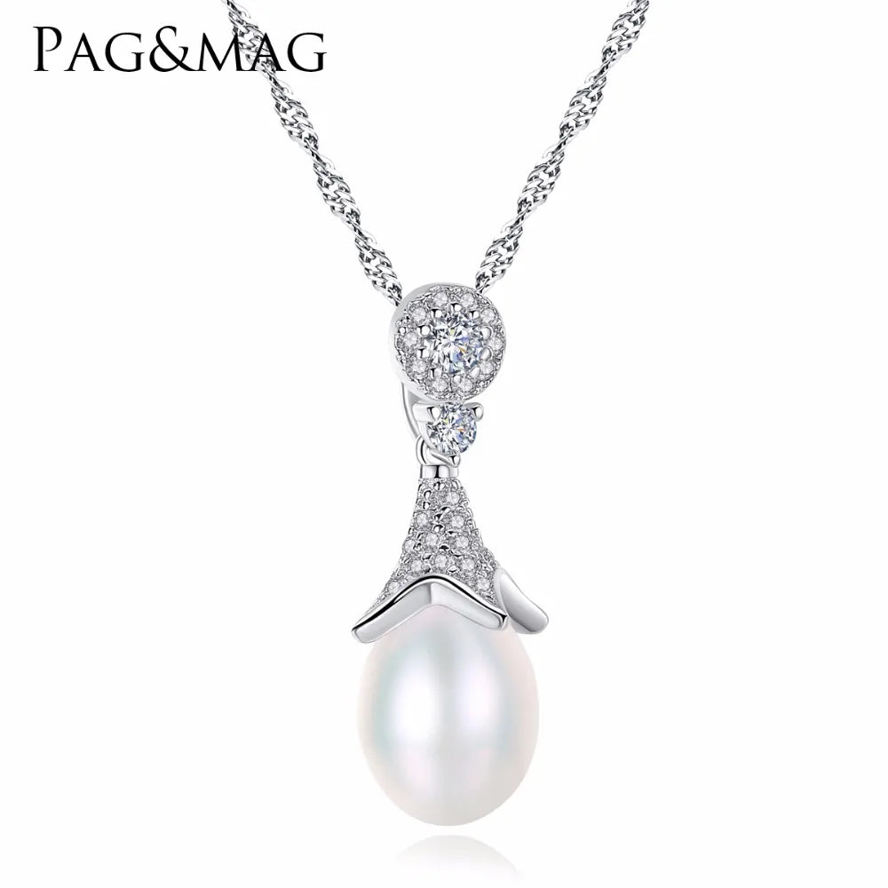 CZCITY Wholesale Natural Fresh Water Pearl 925 Sterling Silver Necklace Women Wedding Pendant