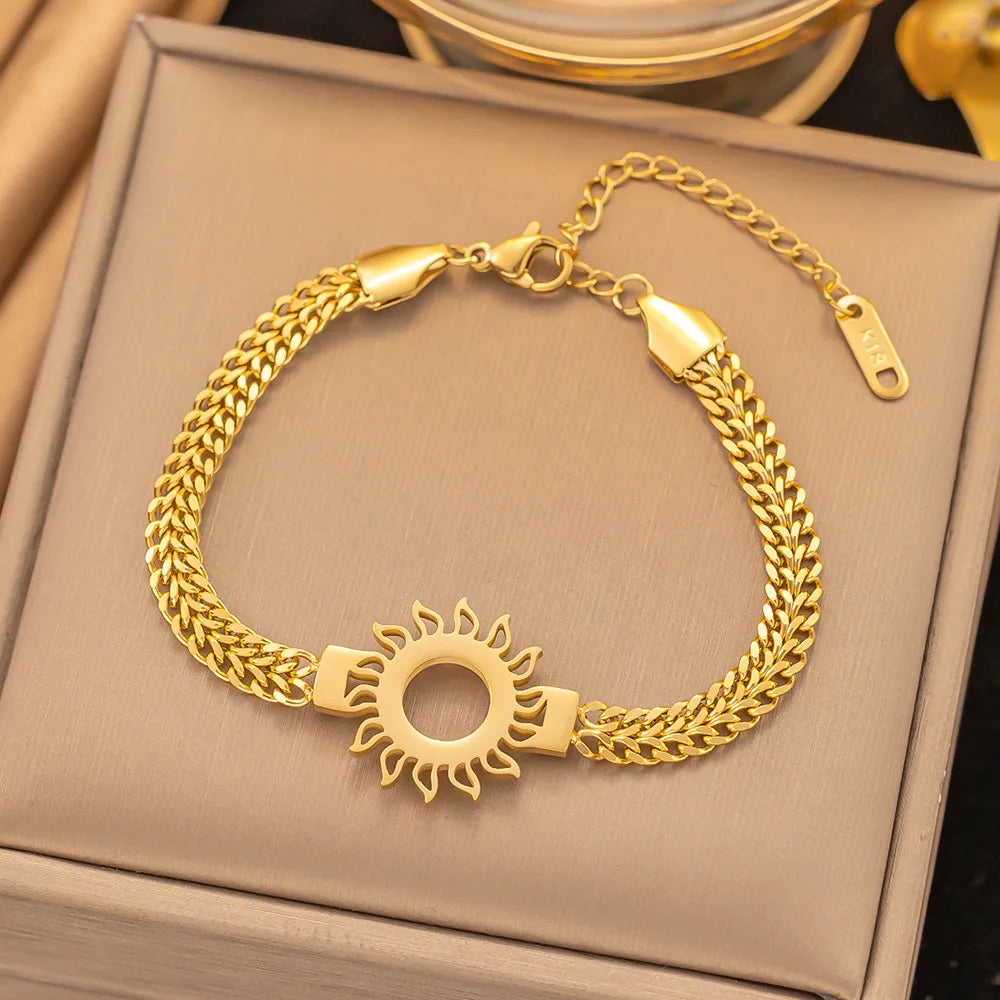 SL026 Fashion Stainless Steel Bracelet Layered Sun Zircon Butterfly Heart Women Cuban Chain Bracelet Jewelry for Pendant Chain