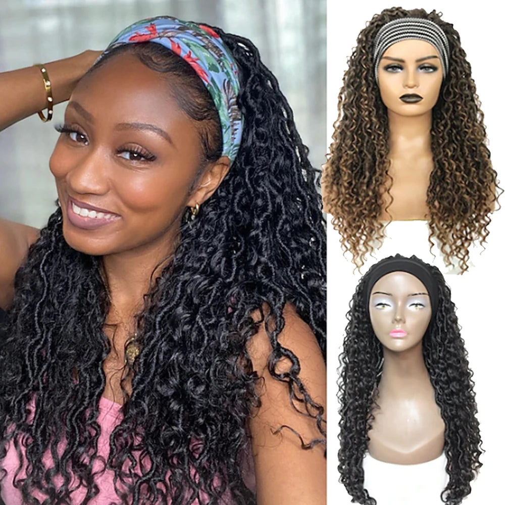 24 Inch for Ombre Brown Synthetic Hair Wig Curly Faux Locs Braids Dark Brown Braided Headband Wigs Black Long Wig Head Band