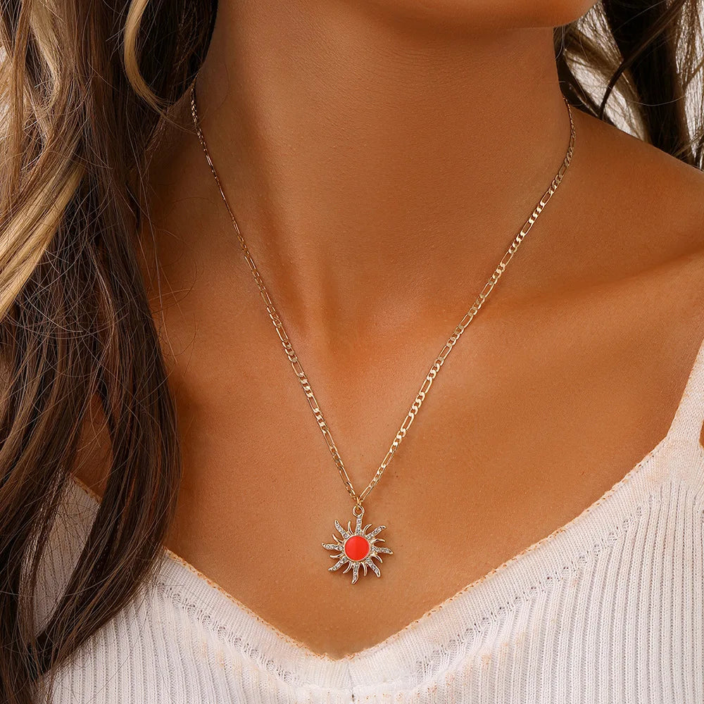 Popular Fashion Vintage Women's Red Sun Pendant Necklace Stainless Steel Necklace for Women