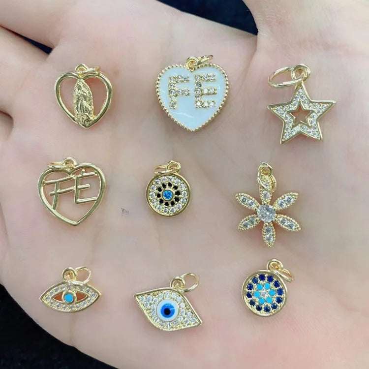 CZ8631 Mini Small 18K Gold Plated Cubic Zirconia Pave Heart Fe Faith Evil Eyes Charm Pendant  Jewelry Making Supply