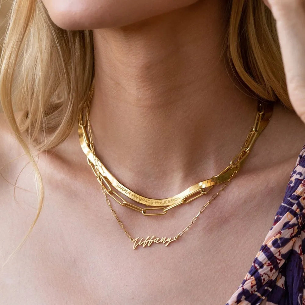 Personalized Jewelry Engraved Gold Plating Stainless Steel Custom Name Snake Herringbone Chain Necklace for Mothers Day