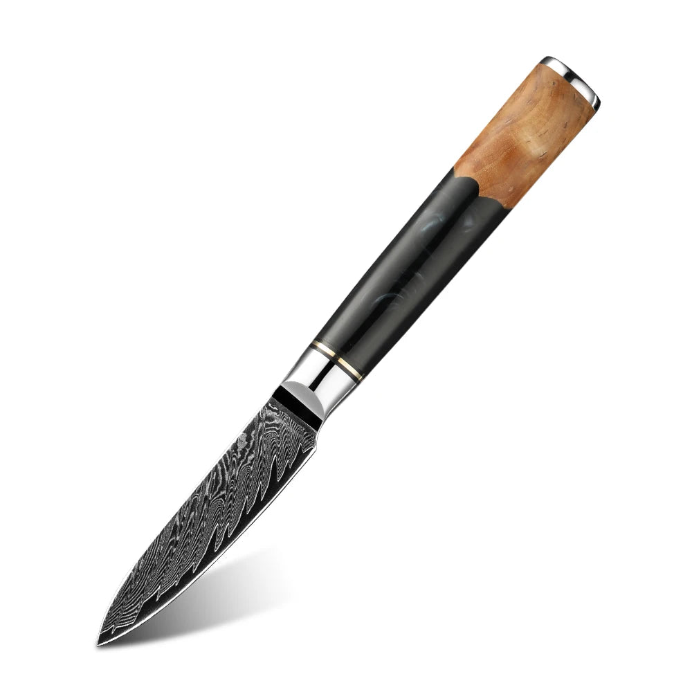 Amber 3.5 Inch Kitchen Utility Knife Multipurpose Small Kitchen Knife VG10 Damascus Steel Fruit Paring Knife with Wood Handle