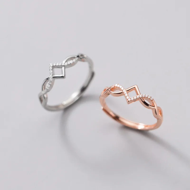 Dainty Design S925 Sterling Silver Rose Gold Silver Zircon Rhombus Wave Adjustable Ring for Women J7867