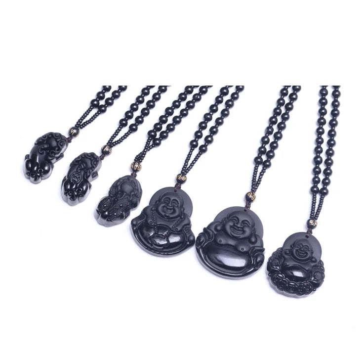 Vintage Religious Black Glass Black Stone Syn Obsidian Pixiu Cross Dragon Buddha Pendant Bead Necklace for Men