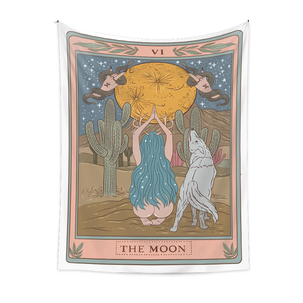 Sun Moon Tarot Card Cotton Linen Landscape Pattern Modern Bohemian Wall Tapestry Home Decor Washable Eco-Friendly