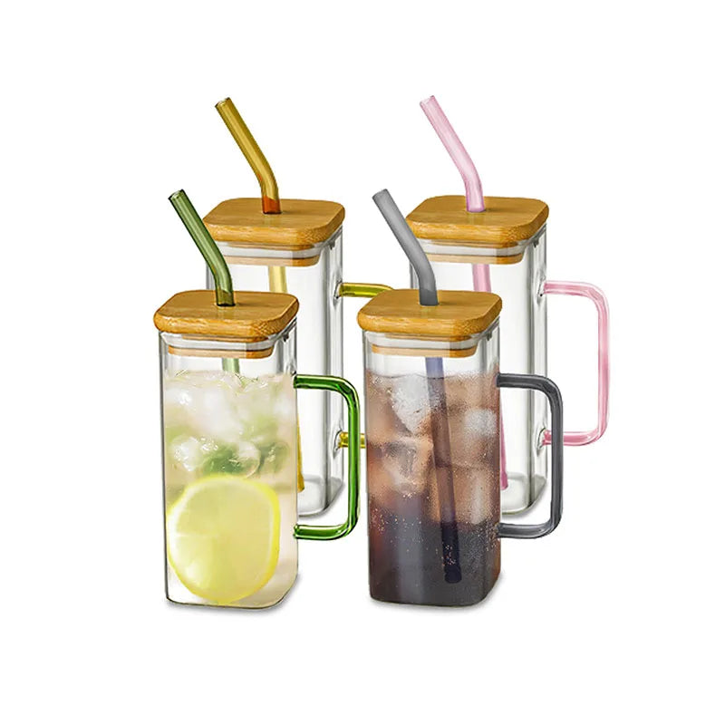 Amazons 2023 Newly Square Glass Cup With Bamboo Lid and Straw Reusable Glass Coffee Cup Glass Tumbler With Handle 400ML