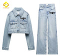 Fengway Autumn New Arrivals Lapel Loose Short Denim Jacket and Jeans Two Piece Sets Customize Your Own logo Casual Denim Jacket