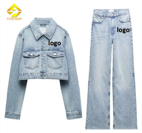 Fengway Autumn New Arrivals Lapel Loose Short Denim Jacket and Jeans Two Piece Sets Customize Your Own logo Casual Denim Jacket