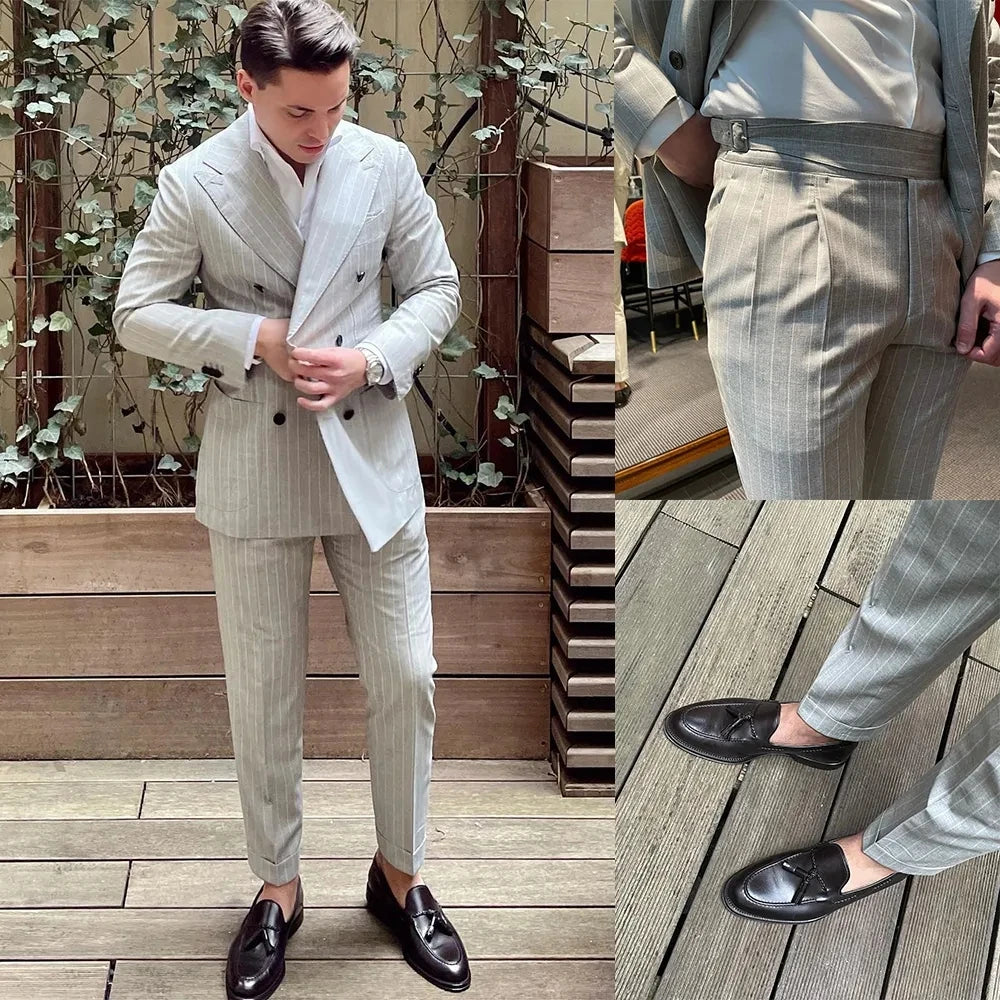Retro Striped Double Breasted Men Suit Banquets Business Casual Male Suit Trend Pinstripe Italian Formal Wedding Party Suits