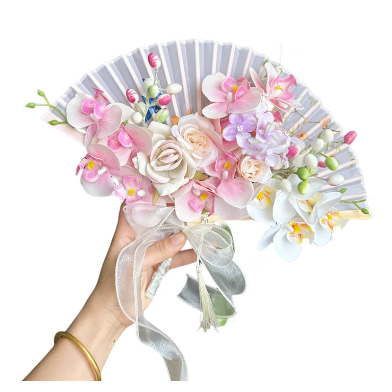 Chinese Style Bridal Bouquet Folding Handheld Fan Portable Bamboo with Carved Love Design