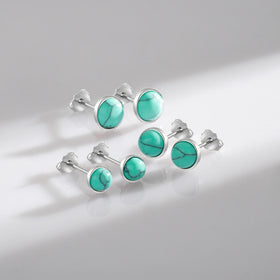 925 Sterling Silver Platinum Plated Charm Ear Studs for Women Fine Jewelry Round Exquisite Turquoise 4 5 6 MM Stud Earrings