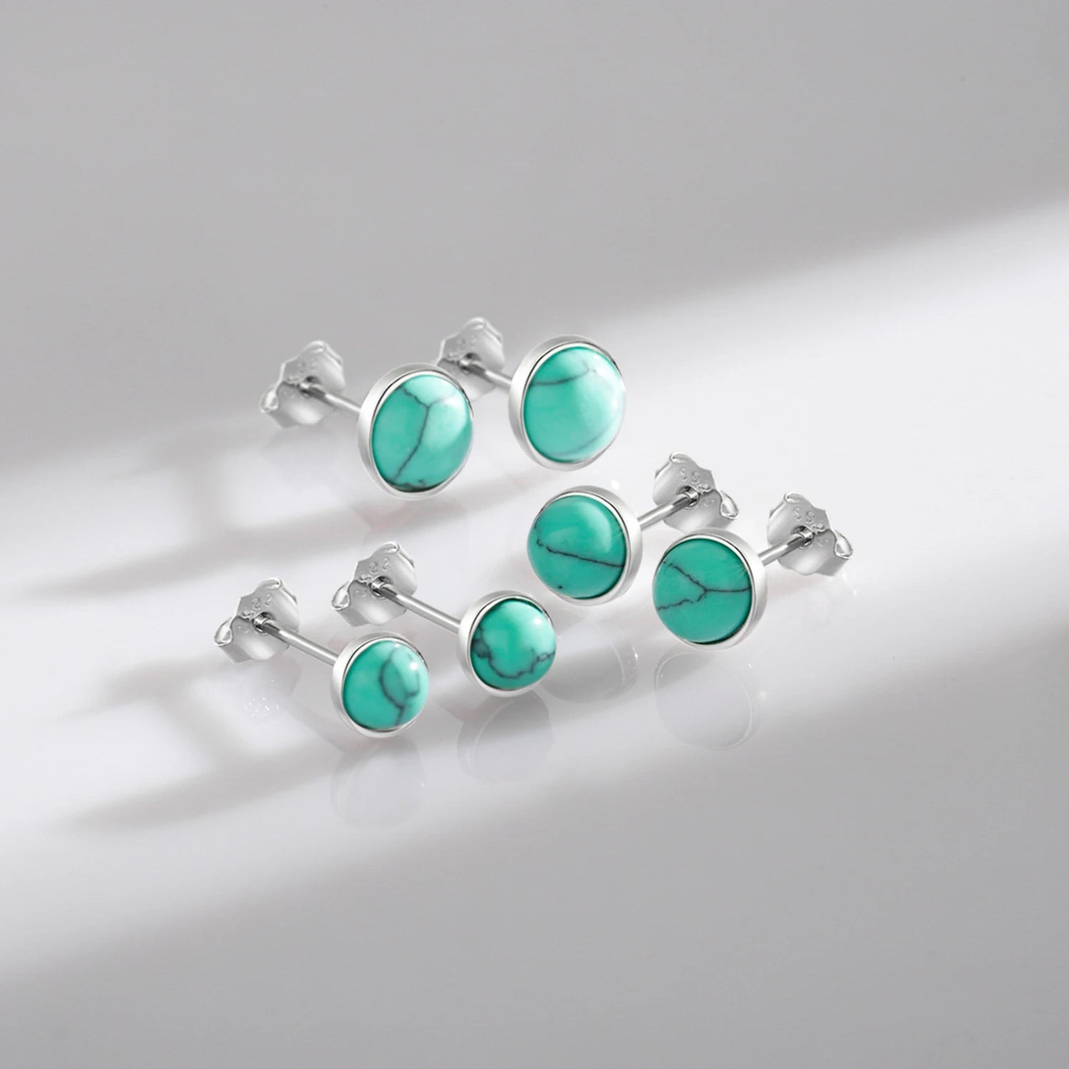 925 Sterling Silver Platinum Plated Charm Ear Studs for Women Fine Jewelry Round Exquisite Turquoise 4 5 6 MM Stud Earrings
