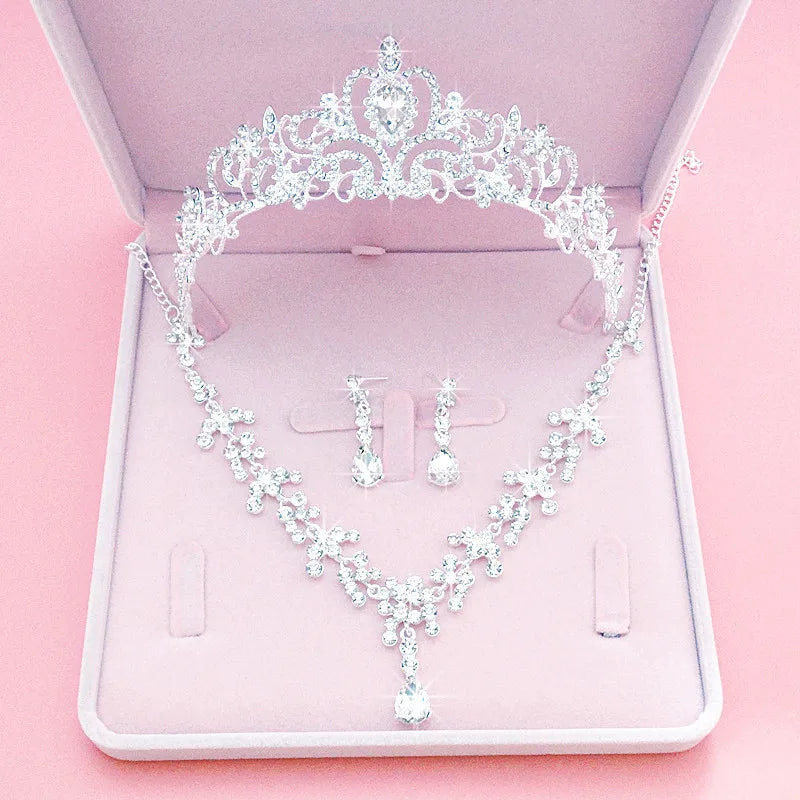 BY4334 Wholesale Bridal Rhinestones Crown Necklace Earrings Set Wedding Crown Jewelry Set