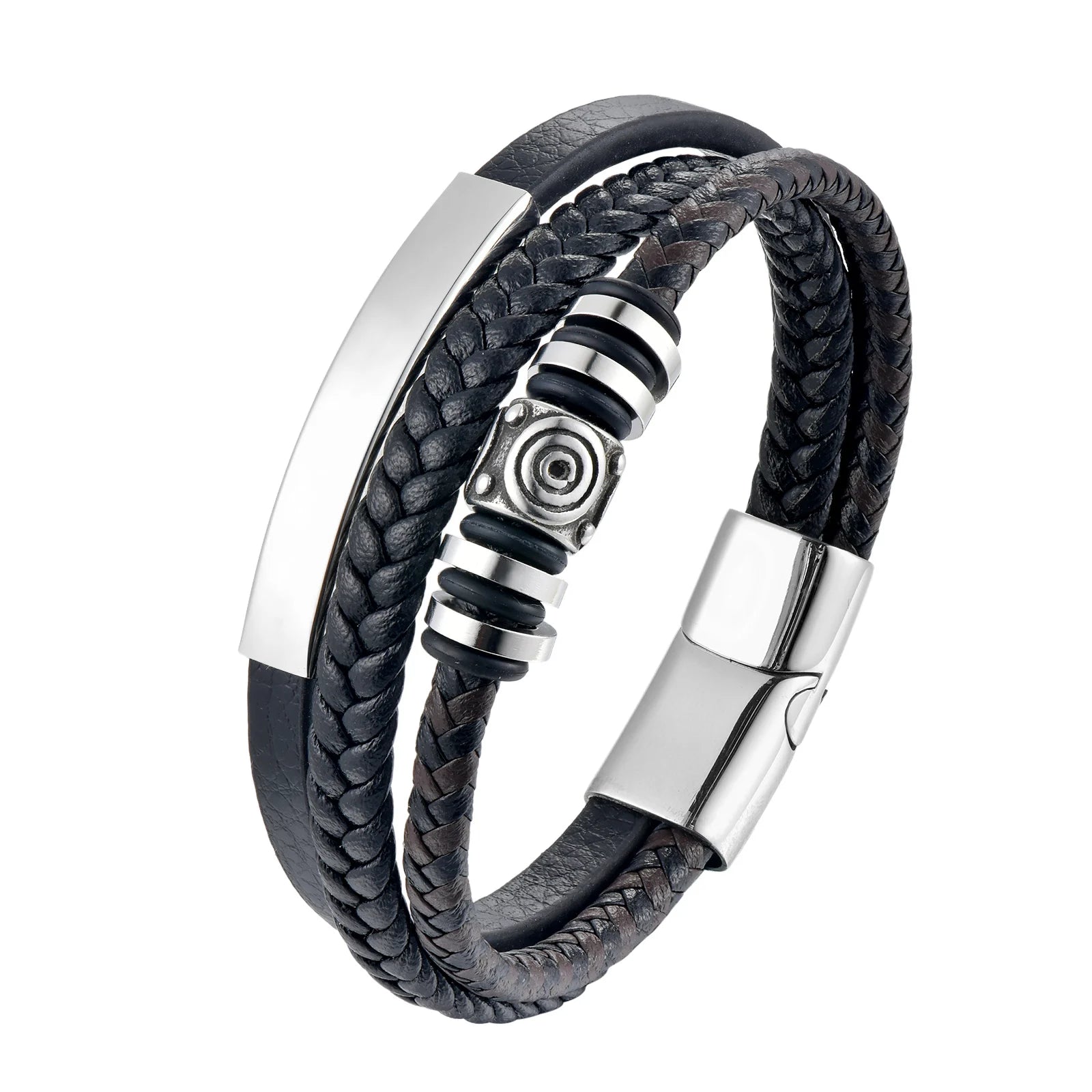 Fashion Jewelry Weave Leather Stainless Steel Two Ring Magnetic Buckle Bracelet Handmade Woven Real Leather Bracelet Bangle