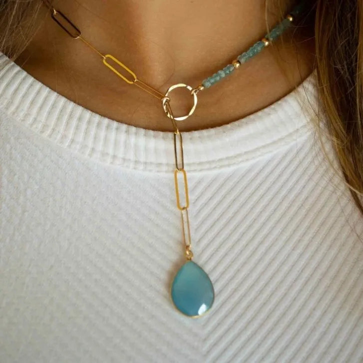 LN45027 Natural Gemstone Labradorite Teardrop Shape Lariat Necklace Gold Plated Minimalist Layering Gift for Women