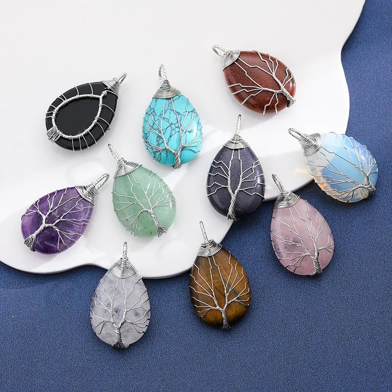 Hot Selling Natural Stone Handmade Rhodium Plating Wire Wrapped Tear Pattern Gemstone Pendant Necklace Women