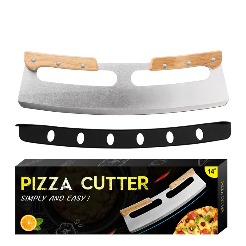 YINHAO 14inch Stainless Steel Sharp Multi-functional Pizza Slicer Knife Updated Blade Cover Double Wooden Handle Pizza Cutter