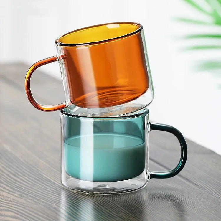 12oz Clear Green Blue Double Walled Insulated Glass Coffee Mugs Handle BPA Free Dishwasher Microwave Safe Modern Design for Hot