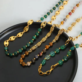 2024 Trendy Natural Stone Necklace High-End Light Luxury Niche Kolye Stainless Steel 18k Plated Natural Crystal Beads Necklace