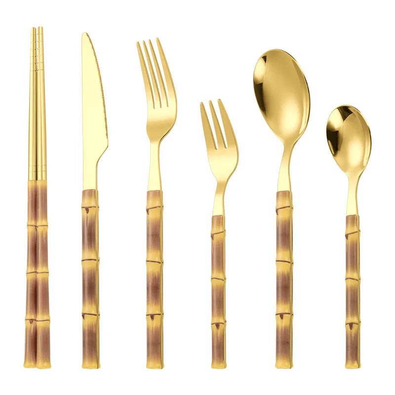 RUIKAISI Wholesale Bamboo Shape Plastic Handle Black Gold Flatware Stainless Steel Cutlery