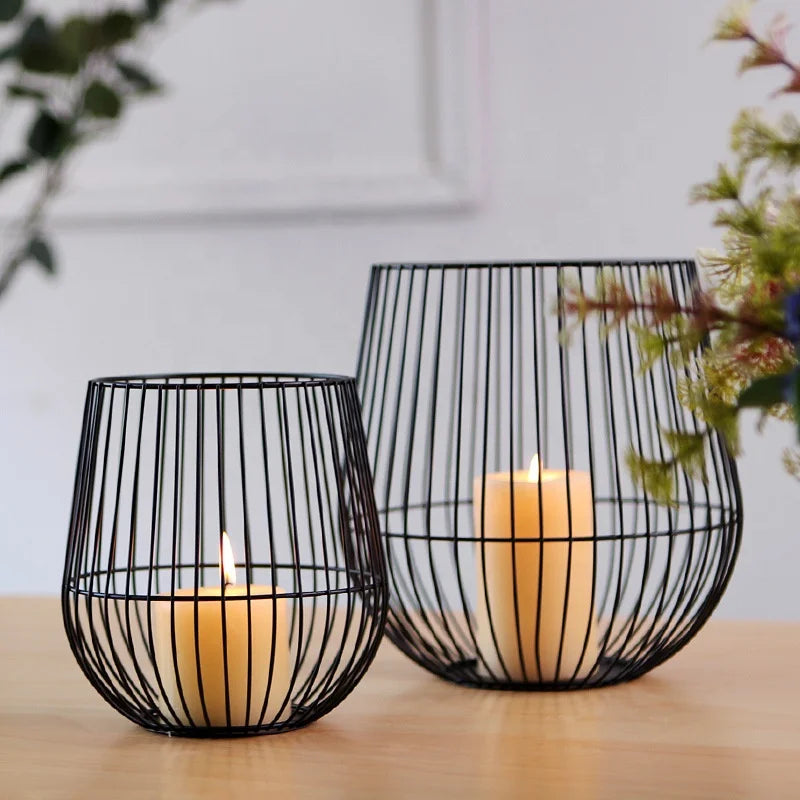 Simple Nordic Style Bowl Shape Iron Black Wire Candle Holder Lantern on Tabletop
