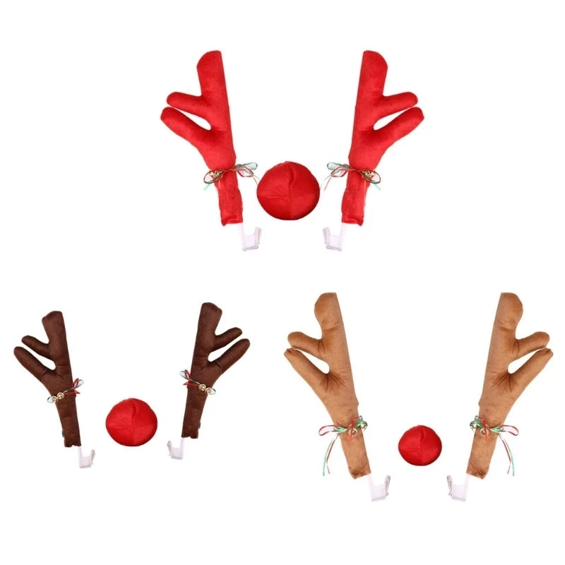 Eco-friendly Unique Cloth Christmas Reindeer Antlers Nose Decorations for Car Window Roof-Top Grille Rudolph Gift Kit 13x42cm