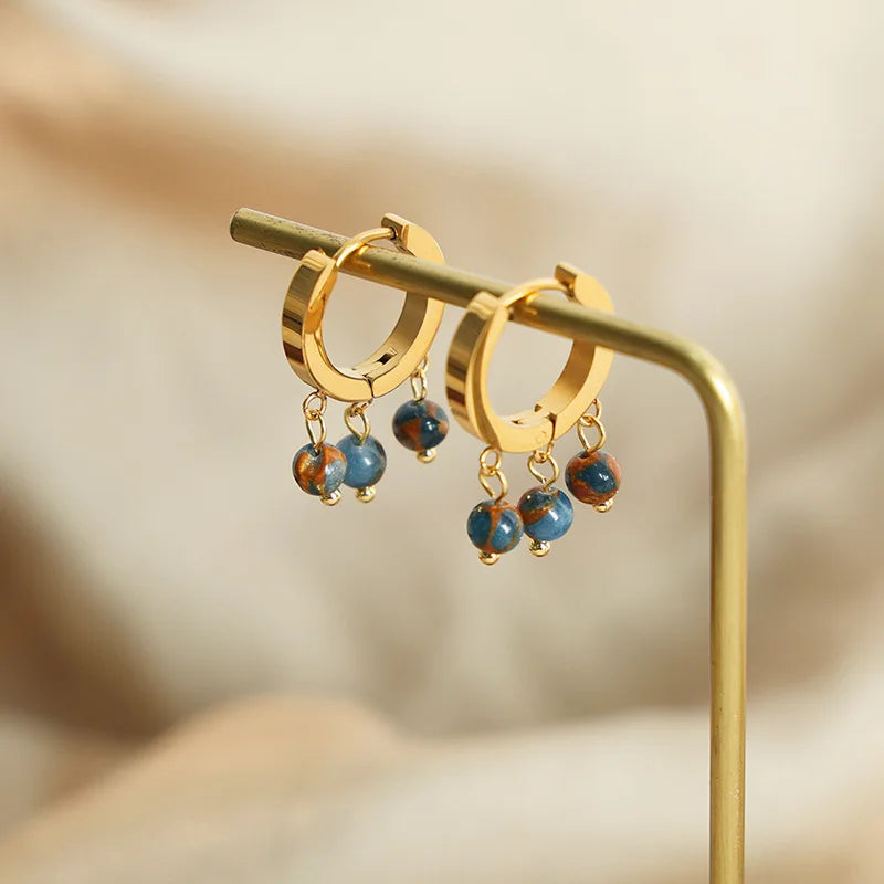 French Style Elegant Titanium Steel Fashion Earrings Stainless Steel 18k Gold Earrings Natural Stone Hoop Earrings for Women
